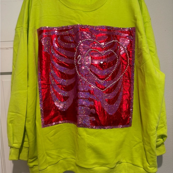 QUEEN OF SPARKLES Tops - QUEEN OF SPARKLES Lime Sweatshirt with Pink and Silver Sequin Design